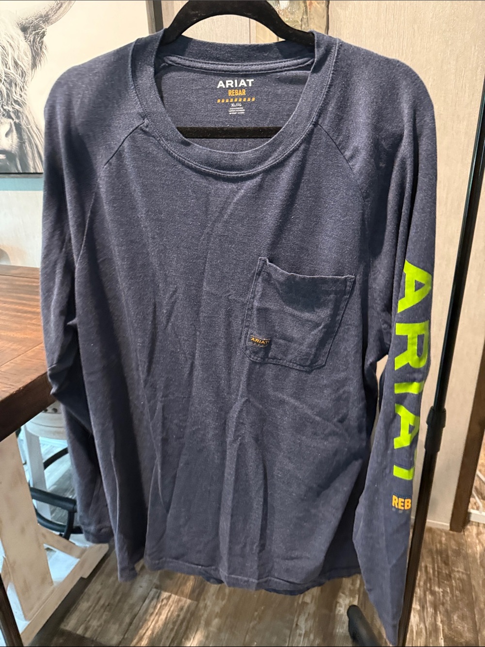 Ariat Navy Long Sleeve Pocket Tee with Hi-Viz Lime Sleeve Logo